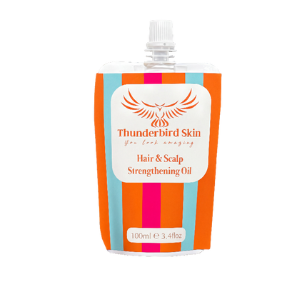 Thunderbird Skin Hair & Scalp Strengthening Oil in a 100ml refill pouch with a white cap, featuring orange, light blue, and magenta vertical stripes on a white background.
