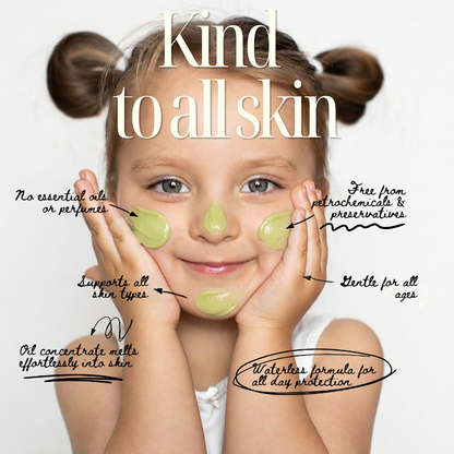 A young girl with buns smiles while placing Rescue Balm on her face. Hand-drawn text surrounds her with product benefits.