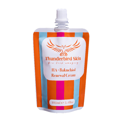 A 100ml refill pouch of Thunderbird Skin HA+Bakuchiol Renewal Cream, featuring a white cap and a label with orange text and a stylized bird logo, set against a plain white background.