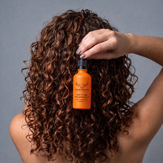 A woman with voluminous, curly brown hair is shown from behind, holding an orange bottle of Hair & Scalp Strengthening Oil above her head against a solid gray background.