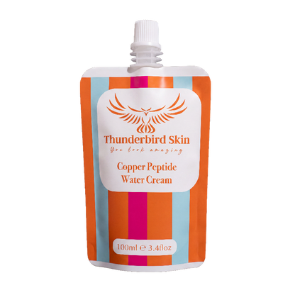 A 100ml refill pouch of Thunderbird Skin Copper Peptide Water Cream, featuring a white cap and a label with orange, white, and light blue vertical stripes.